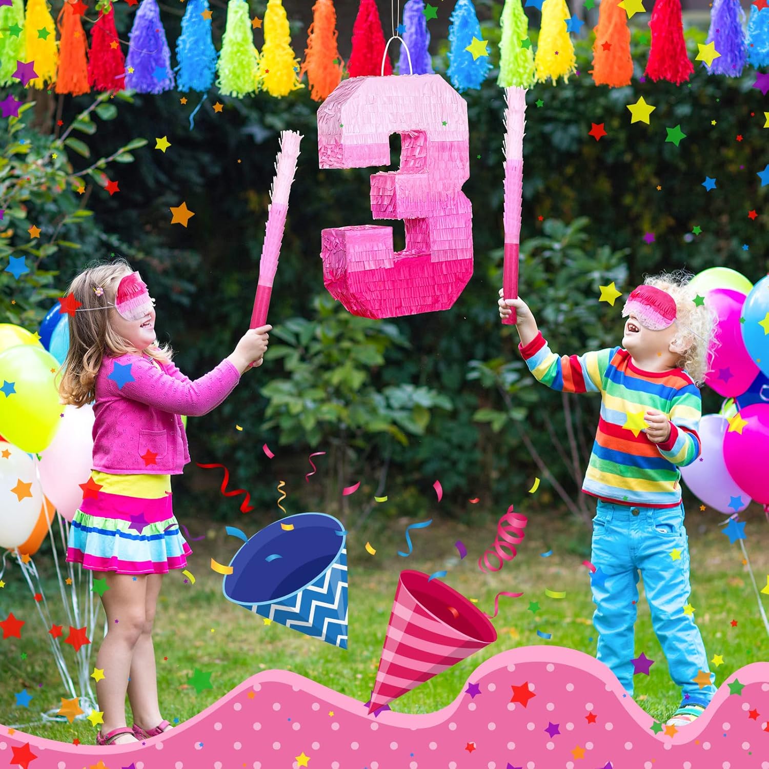 Sratte Number Piñata Pink Piñata Birthday Decorations Gradient with Stick Blindfold Confetti for Girls Boys Birthday Anniversary Party Decorations Supplies(Number 3)